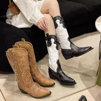 Ретро-сапоги в стиле вестерн с острым носком для женщин, новые рыцарские сапоги 2024 года с V-образным вырезом, вышитые, на толстом каблуке и с высокими рукавами 35 черный белый