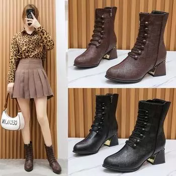 Ретро-сапоги женские новые с перекрестными ремешками и боковой молнией на плоской подошве модные мягкие утягивающие сапоги 35 чёрный