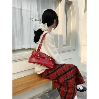 Retro Satchel Commuter Bag Women s 2025 New Arrival Fancy Hong Kong Style Sexy Underarm Bag Casual Easiest for Match Shoulder Bag Red