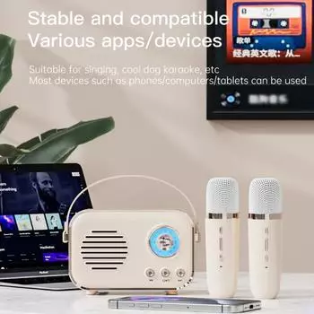 Ретро-саундбар, караоке-колонка с микрофоном, караоке-машина, беспроводная Bluetooth-колонка для детей beige-speaker& 2 mic