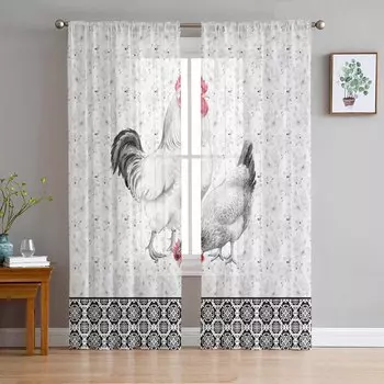 Ретро Сельский Дом Петух Курица Цветочные Черно-Белые Оконные Тюлевые Шторы Гостиная Отель Роскошные Украшения Прозрачные Шторы 135W x 114H(cm)