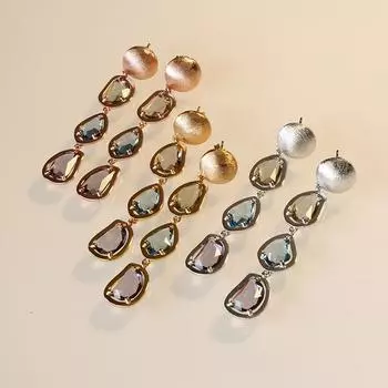 Ретро серьги женские французский темперамент модные геометрические капли воды драгоценные камни ветер цветные кристаллы серьги серебряный