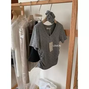 Ретро Серая Футболка с V-образным вырезом и отделкой талии в горошек Gray with hair ring One size