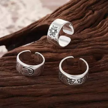 Ретро Серебряная Луна Солнце Бабочка Открытие Регулировка Праздничная одежда Универсальный набор ювелирных колец серебряный