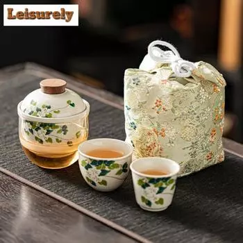 Ретро-сервант для чая Grass Wood Grey, элегантный, 1 чайник, 2 чашки, для кемпинга, отдыха на природе, переносной, дорожный, сумки, принадлежности, украшения