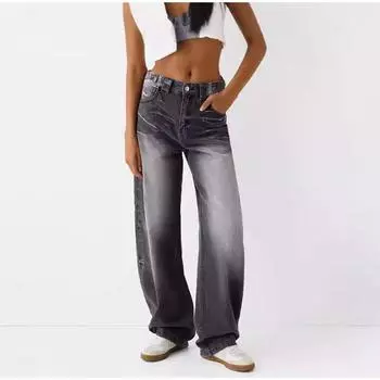 Ретро-серые широкие брюки на одной пуговице для женщин, повседневные карманы, молния, средняя талия, пэчворк, джинсы 2025, весна, офисная женская уличная одежда S чёрный