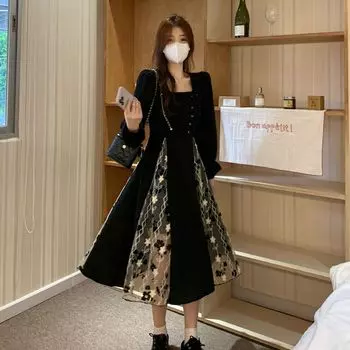 Ретро сетчатое платье для женщин, черное платье с квадратным вырезом и дизайном 2XL чёрный