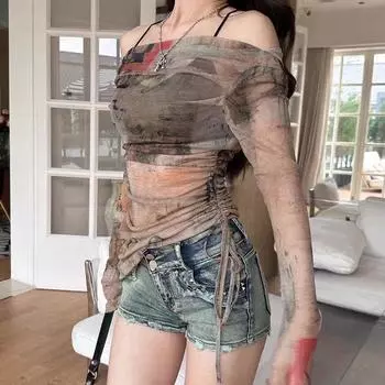 Ретро сетчатый топ на одно плечо для женщин весна-осень приталенный нерегулярный шнурок с длинными рукавами нижняя рубашка одежда Y2k S