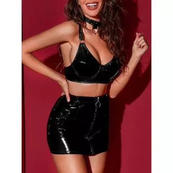 Ретро Сексуальное Кожаное Платье-Комбинация Без Спины на Молнии Black S
