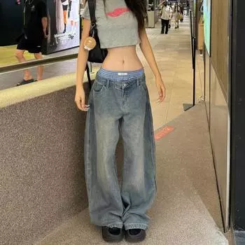 Ретро сексуальные джинсы свободного покроя с высокой талией для женщин, повседневные мешковатые карманы Y2K, широкие уличные синие джинсовые брюки S синий