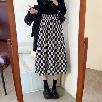 Ретро шахматная юбка с высокой талией женщины 2022 новая осень и зима ниша дизайн клетчатый повседневный a-line юбка миди женская