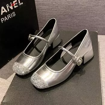 Retro Shallow Mouth Mary Jane Shoes Women s 2024 Summer New Silver High Heels Luxury sequin shallow single shoes Women s pumps 35 чёрный