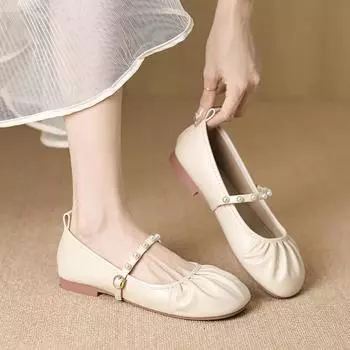 Retro shallow mouth pleated single shoes women s 2024 autumn new versatile thick heel round head one-word buckle pearl flat shoes soft 35 абрикосовый