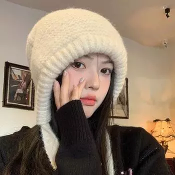 Ретро-шапка-балаклава контрастного цвета, женская осенне-зимняя защитная шапка-мешок, большая окружность головы, теплая универсальная шерстяная шапка M56-58cm бежевый