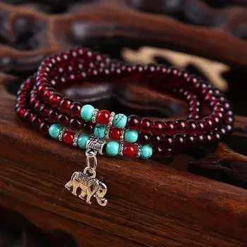 Ретро-шарм в виде слона, многослойный браслет из красного граната 6 мм, браслет из драгоценных камней красный