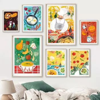 Ретро шеф-повар и итальянская еда, пицца, тыква, постеры, кухонные художественные принты, кулинария, холст, живопись, настенные панно для декора ресторана 21x30cm No Framed белый