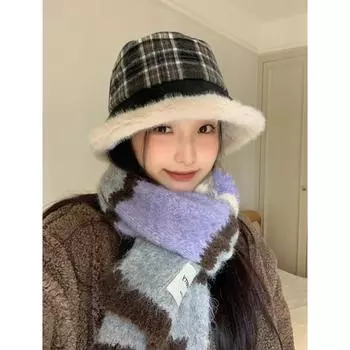 Ретро шерстяная клетчатая шляпа-ведро для женщин, новая теплая осенне-зимняя шапка-ушанка Suitable for 55-58cm head circumference