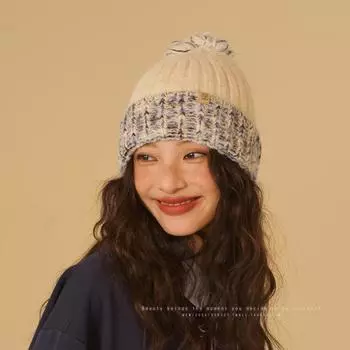 Ретро шерстяная шапка женская осенне-зимняя утолщенная теплая вязаная шапка с помпоном бежевого цвета, универсальная студенческая сумка для головы, холодная шапка Elastic (54-62cm) бежевый