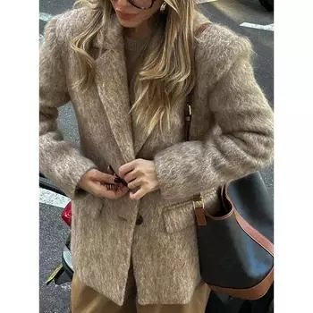 Ретро шерстяной пиджак на пуговицах для женщин, повседневное свободное серое пальто с отложным воротником, женская осенне-зимняя классическая элегантная уличная верхняя одежда S