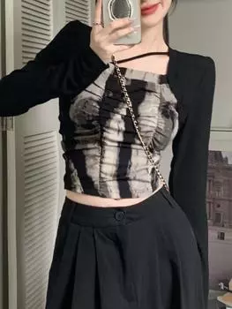 Ретро-шикарные уникальные топы с длинными рукавами в стиле тай-дай, женские новые нижние рубашки, футболки, женские осенние короткие топы для девушек 2000 года для похудения S