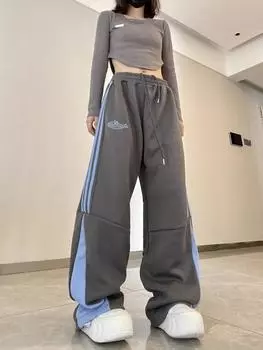 Ретро широкие брюки женские весна-лето новые высокие талии свободные трендовые повседневные джокер спортивные прямые S серый
