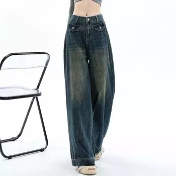 Ретро-широкие джинсы для женщин, осенние, с высокой талией, облегающие, свободные, прямые, длиной до пола, брюки L синий