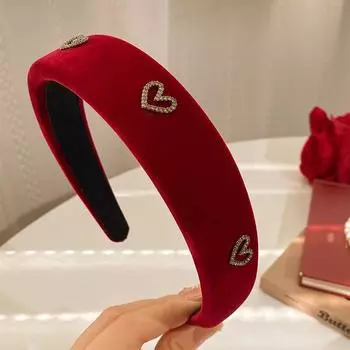 Ретро Широкополая Флокированная Повязка на Голову из Губки для Женщин Повязка на Голову Сердце со Стразами Модная Повязка на Голову для Умывания Лица для Девочек