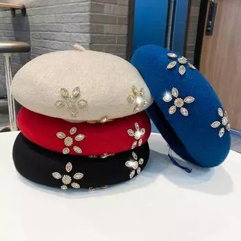 Ретро-шляпа Бейли, женская осенне-зимняя британская шерстяная шляпа со стразами и цветочным бутоном, модная восьмиугольная шляпа художника 56-58CM