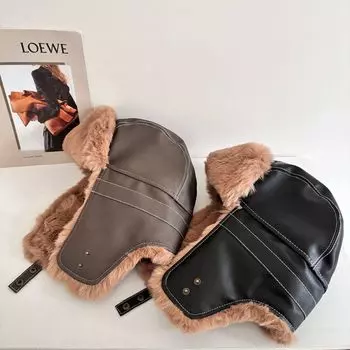 Ретро-шляпа Lei Feng, женская, защита от холода, защита ушей, теплая, для верховой езды, модная, универсальная, мужская, плюшевая, кожаная шляпа M56-58cm чёрный