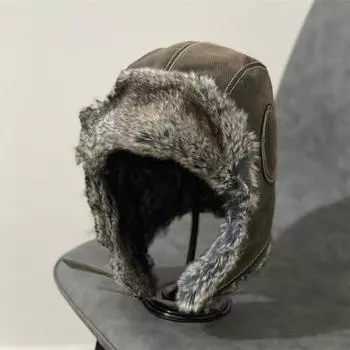 Ретро-шляпа пилота из искусственной кожи, мужская зимняя теплая женская велосипедная хлопковая северо-восточная ветрозащитная и холодная шапка-ушанка M56-58cm чёрный