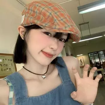 Ретро-шляпа в клетку, женская, весна-лето, британский стиль, большая окружность головы, показывает лицо, маленький берет, универсальная, большая шляпа для лица M56-58cm оранжевый плед