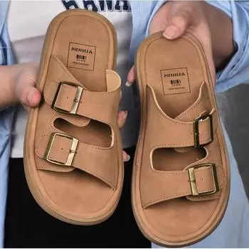 Retro shoes platform slippers women s outer wear summer new versatile flat-bottomed beach cool slippers 35 хаки