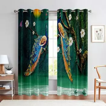 Ретро-шторы с принтом зеленого павлина, декоративные шторы в китайском стиле, подходят для гостиной, спальни и кухни, 2 шт. W50xH140(CM)x2PCS&Grommet Top