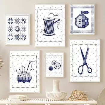 Ретро швейная машина с пуговицами, принадлежности для портного, плакат на скандинавскую тему и принты, настенная живопись на холсте, настенные панно для декора гостиной 21cm30cm NoFrame