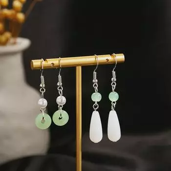 Retro Silver Needle Pearl Jade Hanfu Earrings - Simple Palace Style