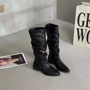 Retro simple women s cowboy boots spring and summer pointed pleated leather boots stacking boots thick heel high boots knight boots 35