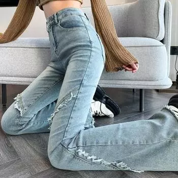 Ретро синие облегающие джинсы-клеш Женская мода Прямые джинсовые брюки с высокой талией Офисные женские туфли с кисточками Элегантные простые брюки Женская одежда 24263 S синий