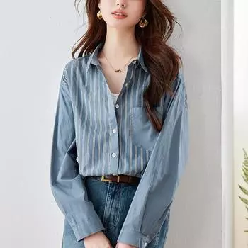 Ретро синяя полосатая рубашка для женщин с длинным рукавом весенний наряд новый дизайн топ литературный темперамент рубашка M синий