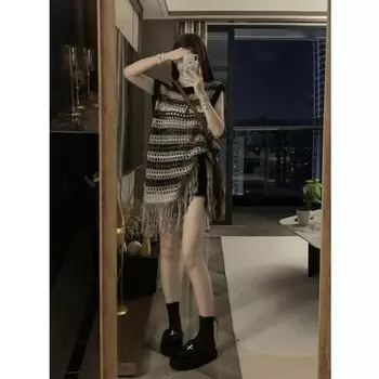 Retro Sleeveless Summer Mid Length Long Length Tassel Hollow Shirt Cut Out Knitting vest S
