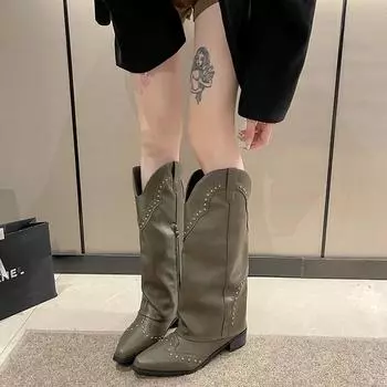 Retro Small Square Head Western Cowboy Boots Women s Brown Rivet Trouser Sleeve Thick Heel Long Sleeve Shoe Knee-High Botas 35 коричневый