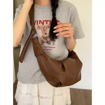Retro Soft Leather Pleated Dumpling Bag, Casual Versatile Shoulder Bag, Lazy Style Croissant, Fashionable Women s Bag кофейный