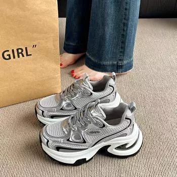 Retro soft-soled women s summer small thick-soled heightened breathable casual versatile student sports shoes 35 серебряный серый