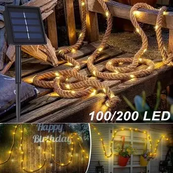 Retro Solar Hemp Rope String Light 5/10M Copper Wire Fairy Warm White Atmosphere Lamp for Christmas Wedding Party Festival Decor