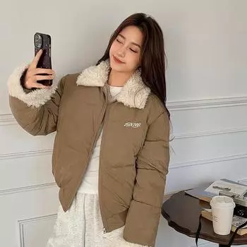 Retro solid color letter embroidery lamb wool splicing lapel cotton-padded jacket women s winter cold-proof thickened down cotton-padded jacket M хаки