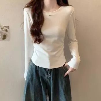Retro solid color long-sleeved T-shirt for women in autumn and winter new style inner slim fit short style foreign style age-reducing new Chinese top S