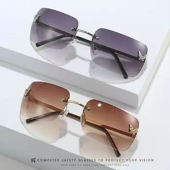 Ретро солнцезащитные очки без оправы Y2k для женщин, прямоугольные солнцезащитные очки со стразами и бабочкой, винтажные солнцезащитные очки для путешествий, пляжные очки