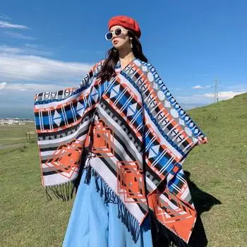 Ретро Сплит Вилка Теплый Этнический Стиль Шаль Дорожная Одежда Непальский Шарф Накидка С Бахромой Для Женщин 160-135