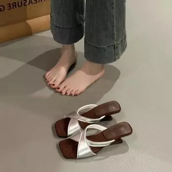 Retro square head cross with cool slippers women s new summer wear temperament wedge heel slippers sandals 35