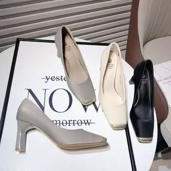 Retro square head high-heeled single shoes Korean version of the new lady temperament color matching light mouth thick heel evening shoes versatile co 35