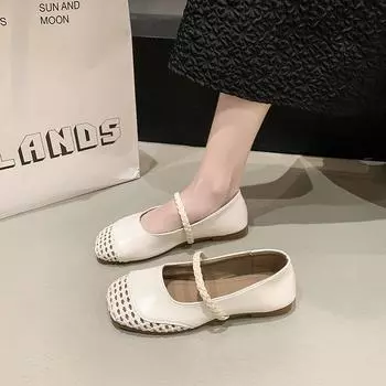 Retro square head hollow woven single shoes comfortable and versatile thick heel light mouth single shoes Mary Jane shoes sandals 35